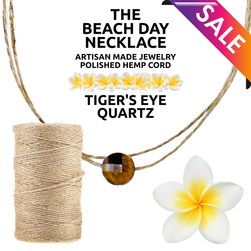 Island Sunset Artisan Beach Day Hemp Necklace-Tigers Eye Quartz Slider 10MM COIN